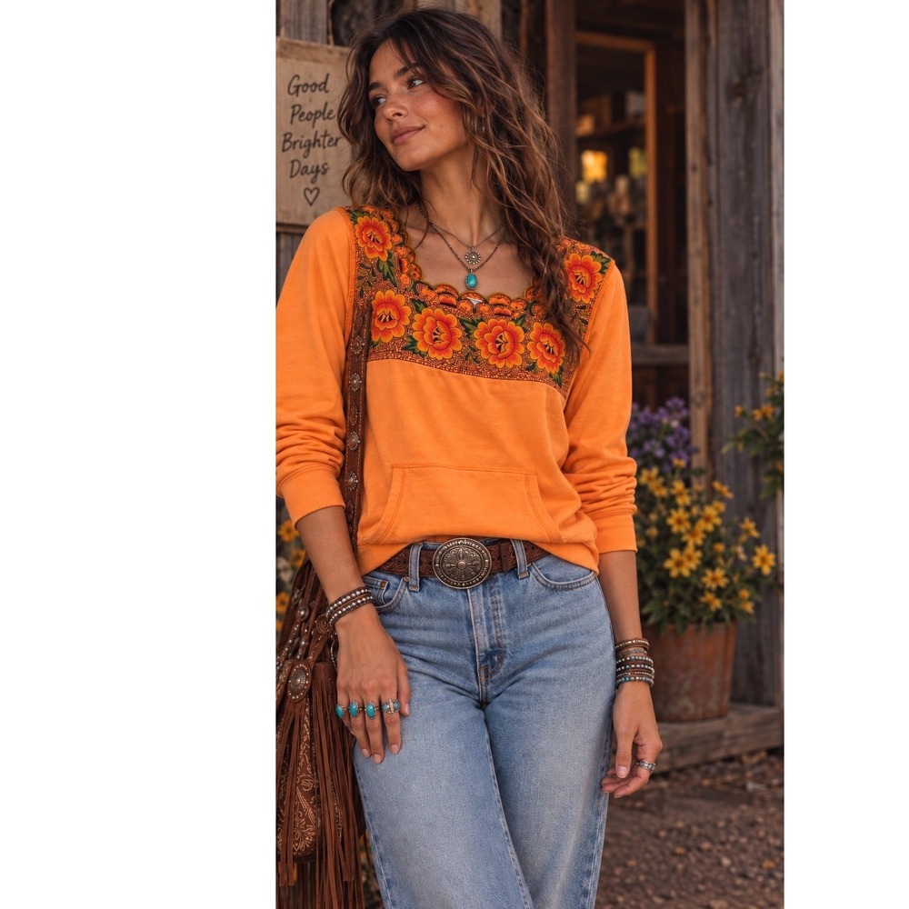 Vintage Lucky Brand Orange Floral Embroidered Sweatshirt M Y2K Boho Folk Western